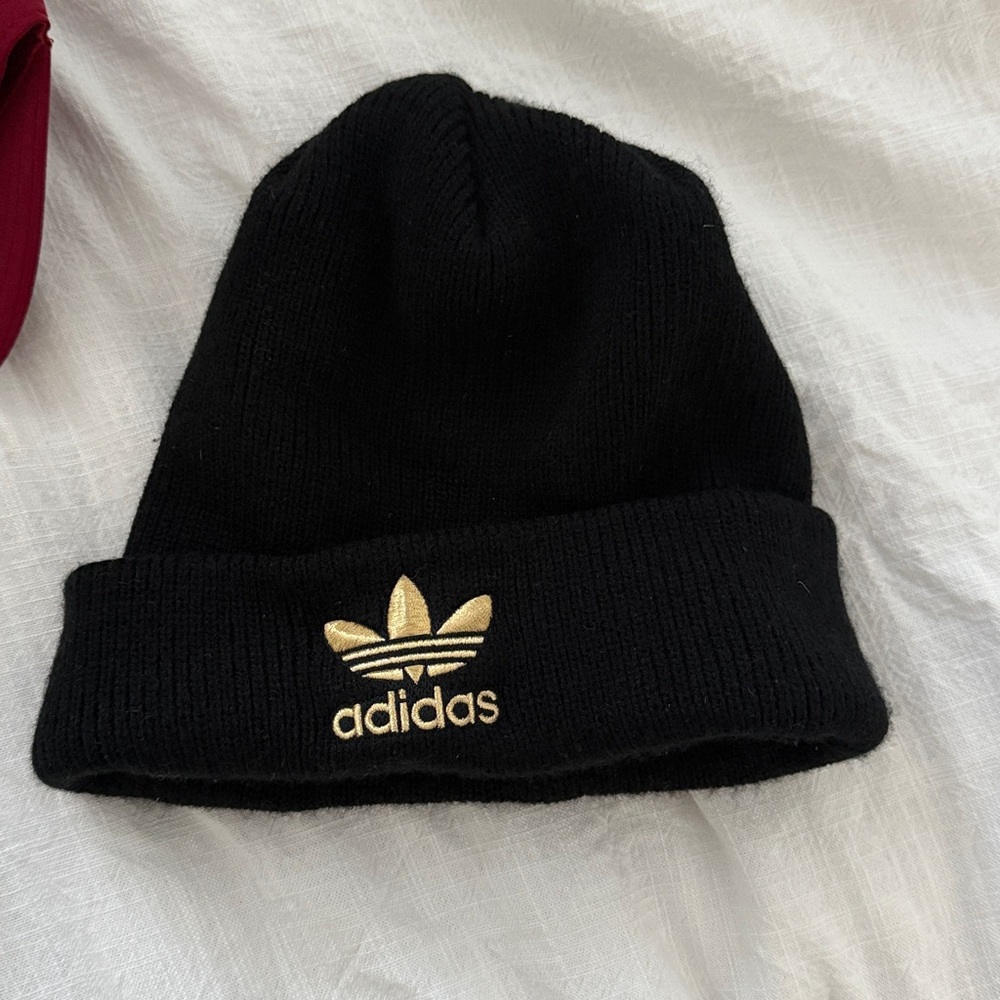 EUC Adidas Black Knit Beanie with Gold Emblem